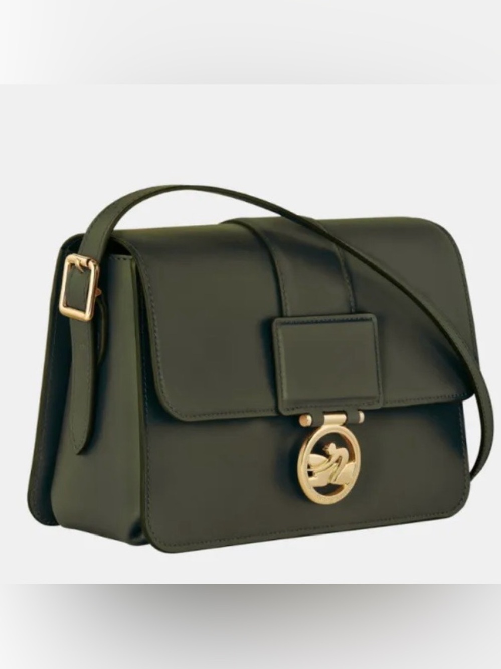 Longchamp Dark Olive Green Trot Box Med Leather Crossbody Bag with Gold Emblem - Picture 3 of 8